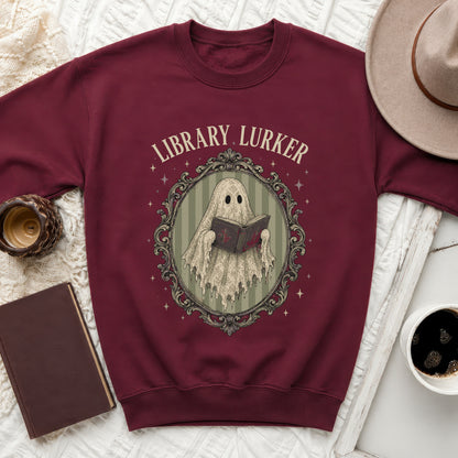 Maroon sweatshirt with "Library Lurker" text and ghost reading a book.