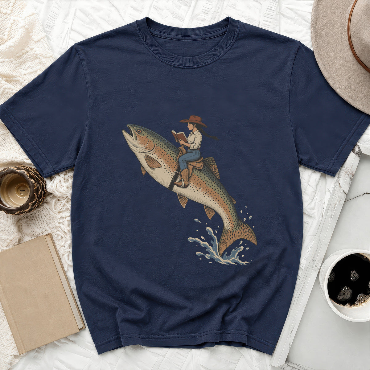Illustration of person in cowboy hat riding a trout and reading a book.