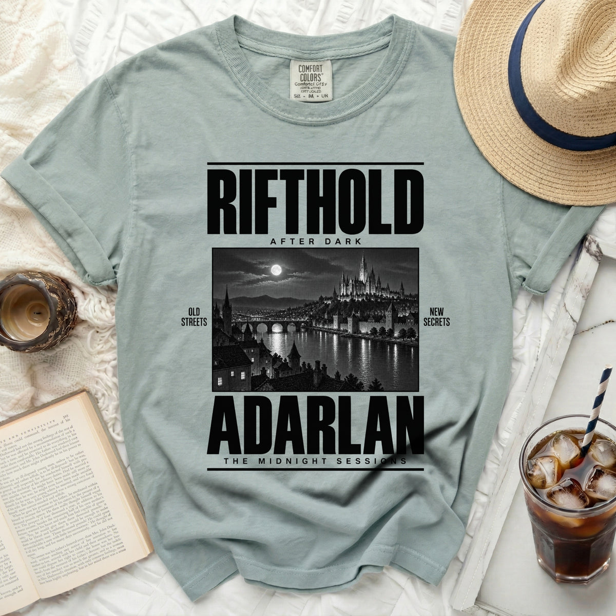 Sage t-shirt with "RIFTHOLD" and a castle scene, "ADARLAN" below.