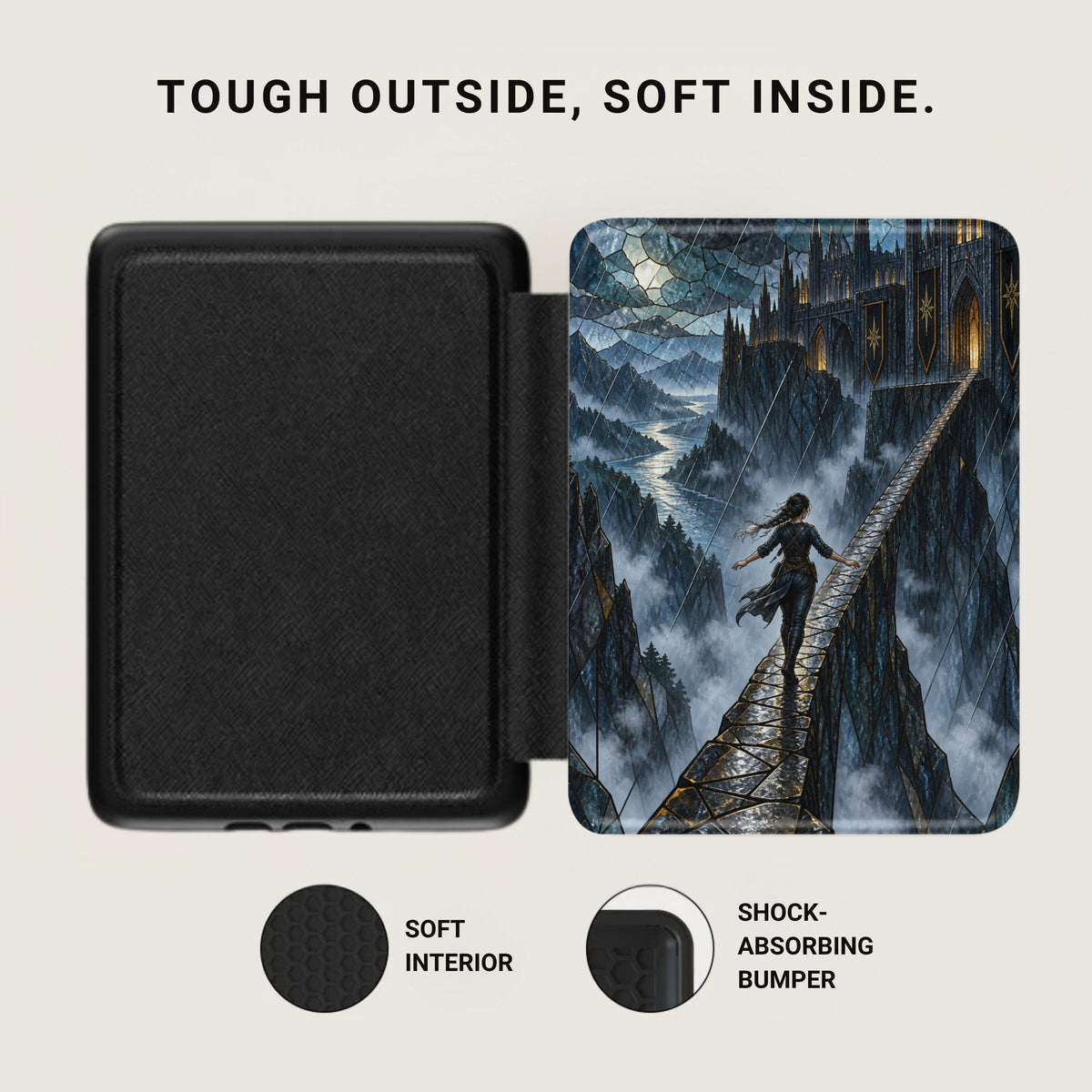 Black case with textured exterior and fantasy castle art interior.