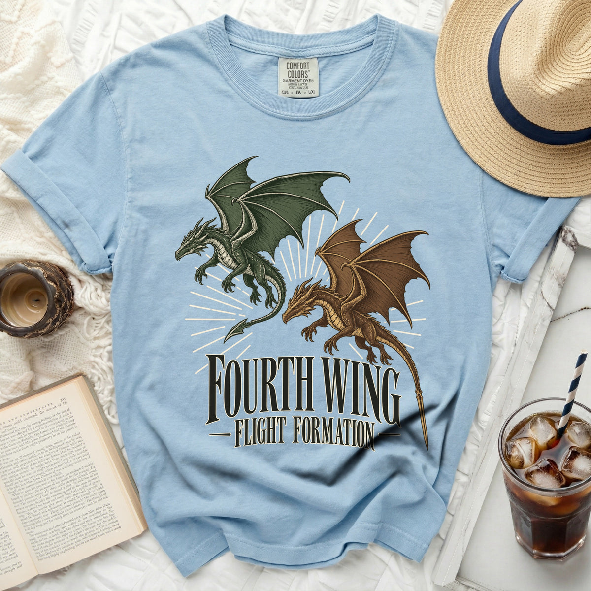 Light blue t-shirt featuring a green and a brown dragon with Fourth Wing text.