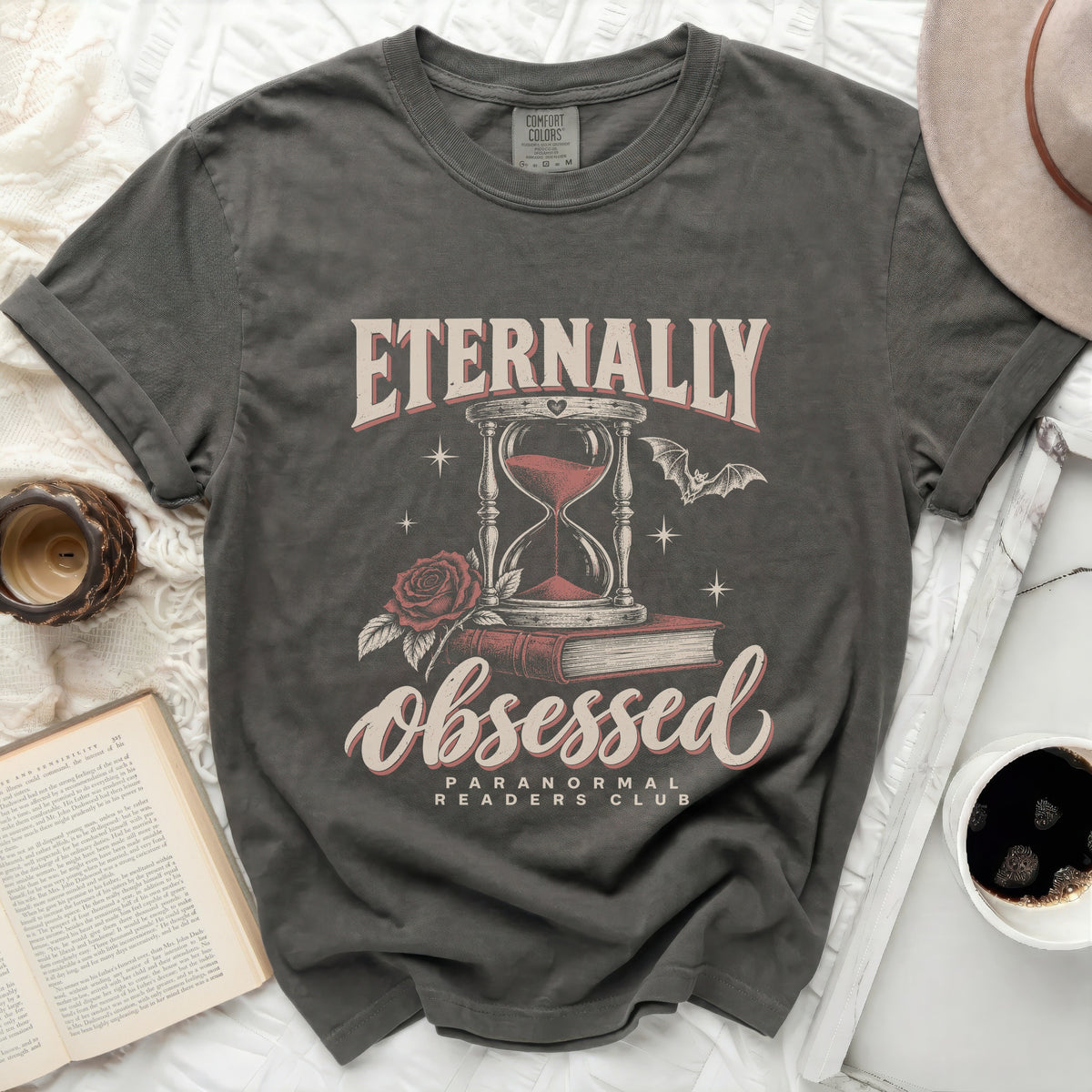 Dark gray t-shirt with "Eternally Obsessed Paranormal Readers Club" graphic.