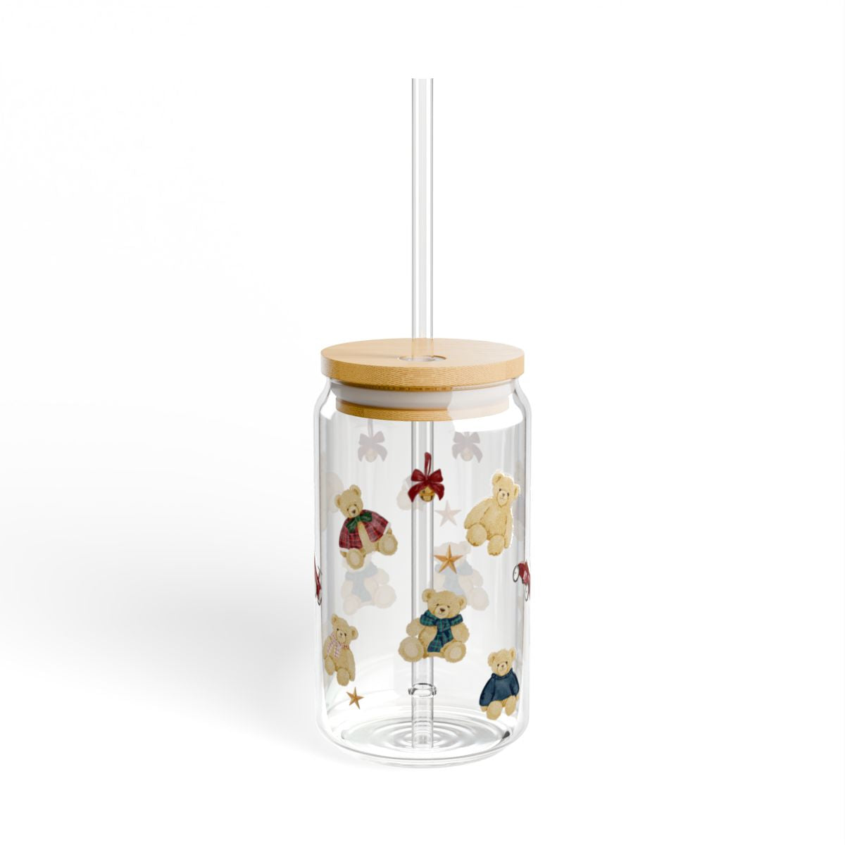 Cute Teddy Bear Print Tumbler with Bamboo Lid and Straw
