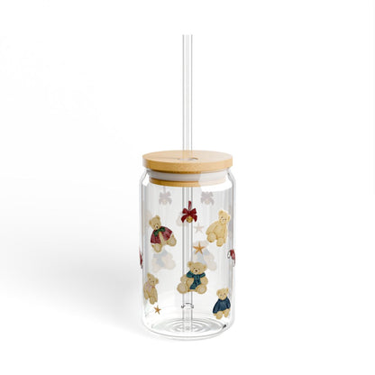 Cute Teddy Bear Print Tumbler with Bamboo Lid and Straw