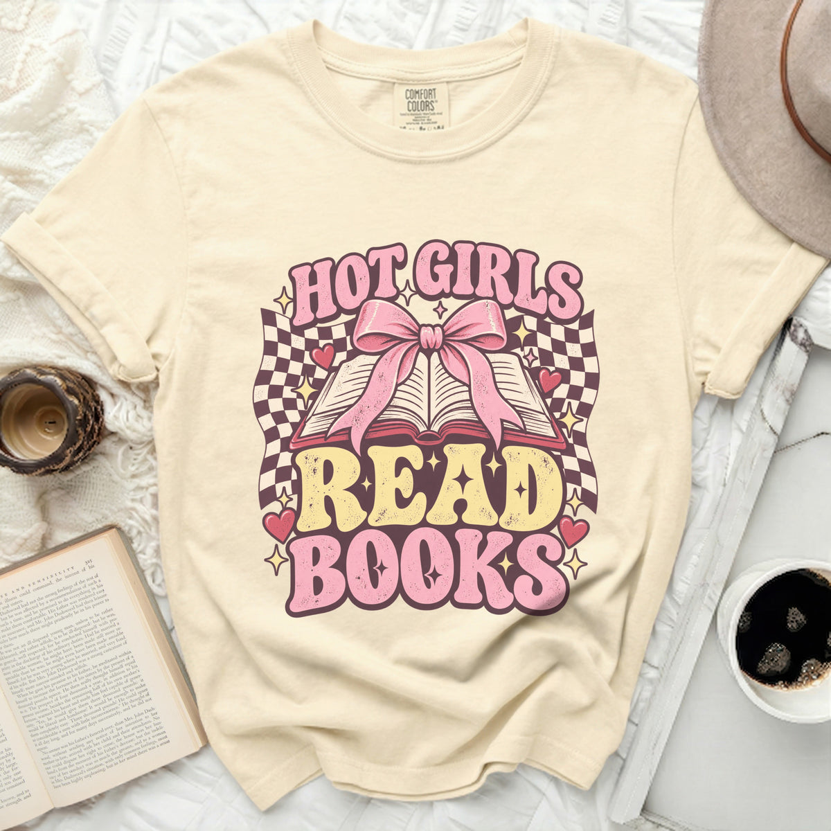 Cream t-shirt with "Hot Girls Read Books" graphic and an open book.