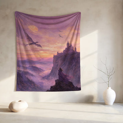 Fantasy art tapestry depicting dragons flying near a castle with a woman atop a cliff.