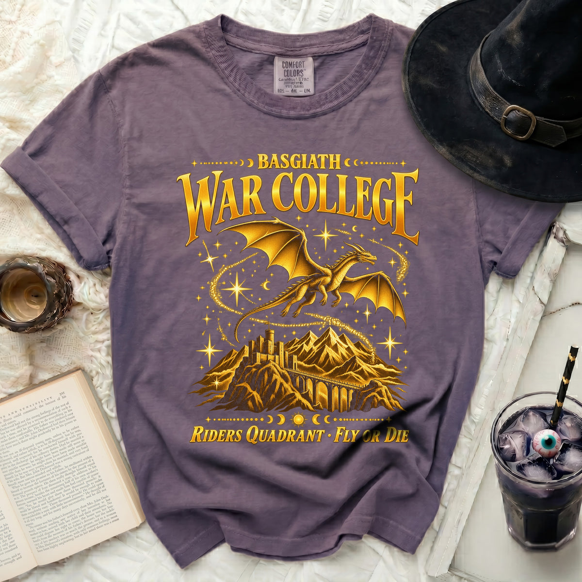 Purple t-shirt with golden dragon, castle, and "Basgiath War College" text.