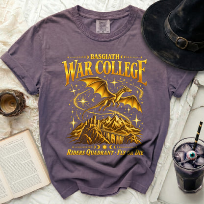 Purple t-shirt with golden dragon, castle, and "Basgiath War College" text.