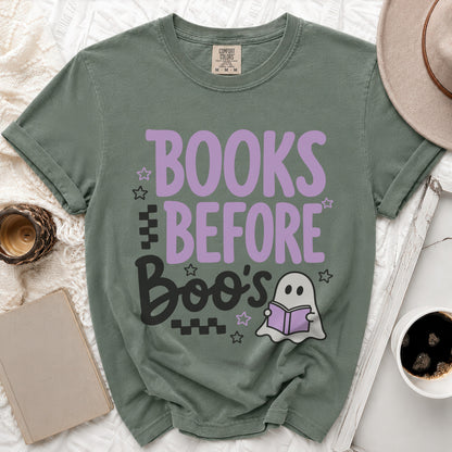 Green t-shirt with text "BOOKS BEFORE Boo's" and a cute ghost reading.