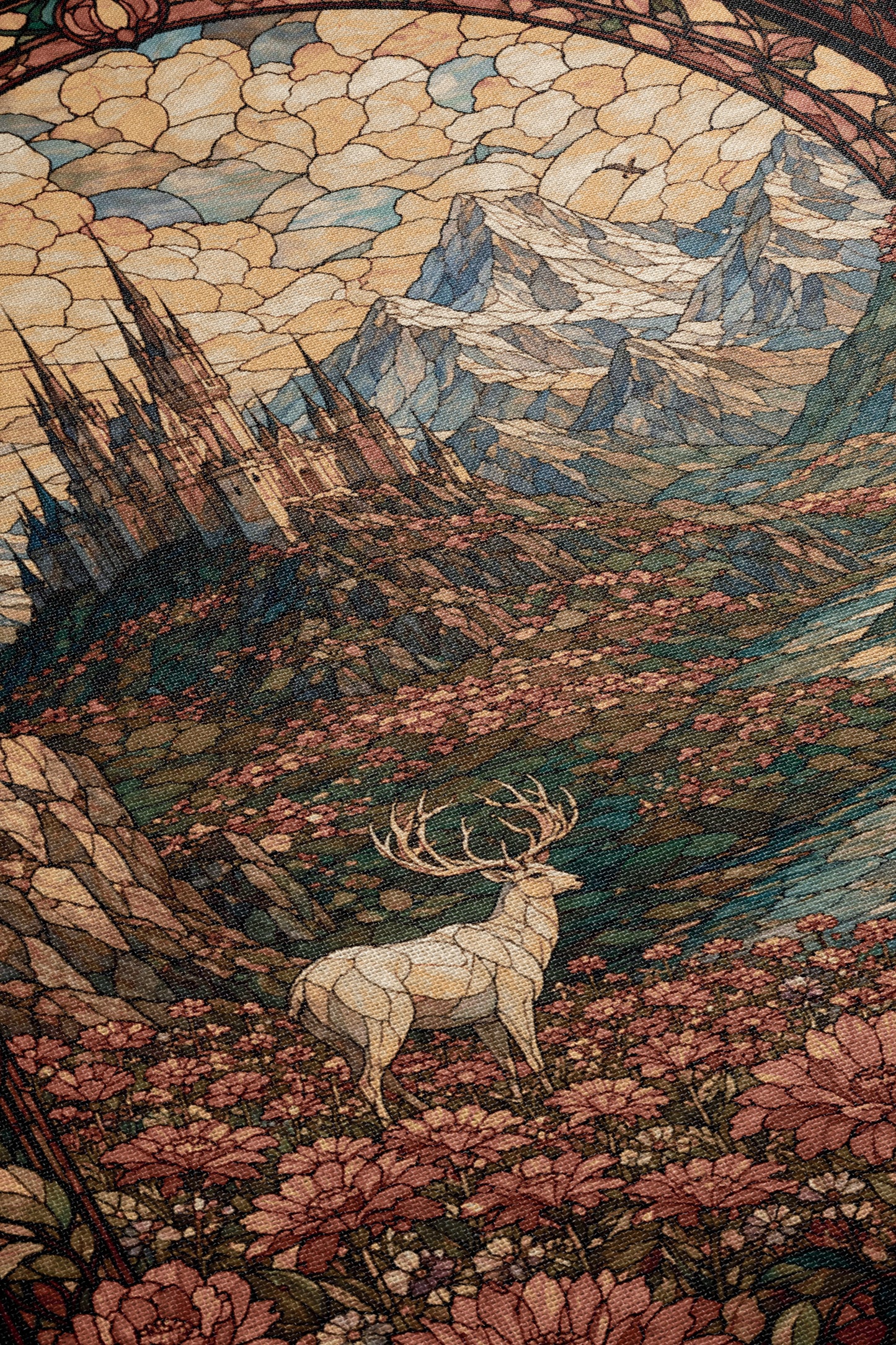 The image is a detailed and intricate stained glass artwork depicting a majestic white deer standing in a field of flowers, with a castle in the background.