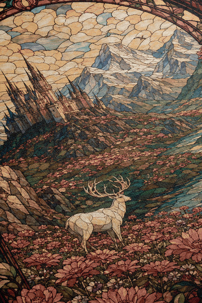 The image is a detailed and intricate stained glass artwork depicting a majestic white deer standing in a field of flowers, with a castle in the background.