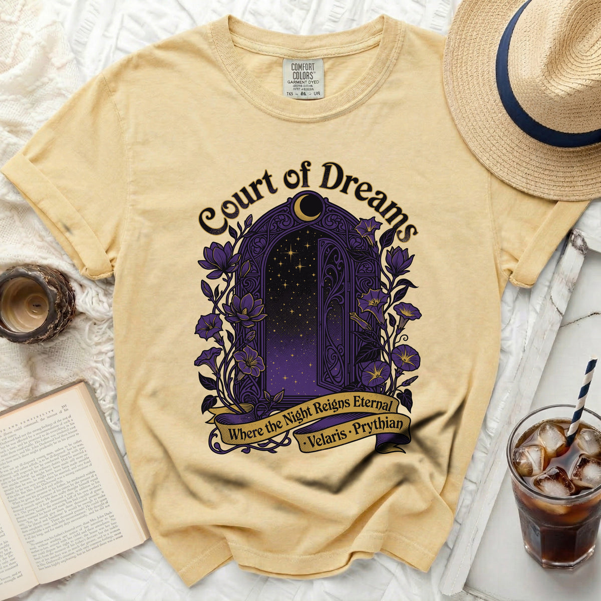 Yellow t-shirt with "Court of Dreams" and an ornate doorway graphic.