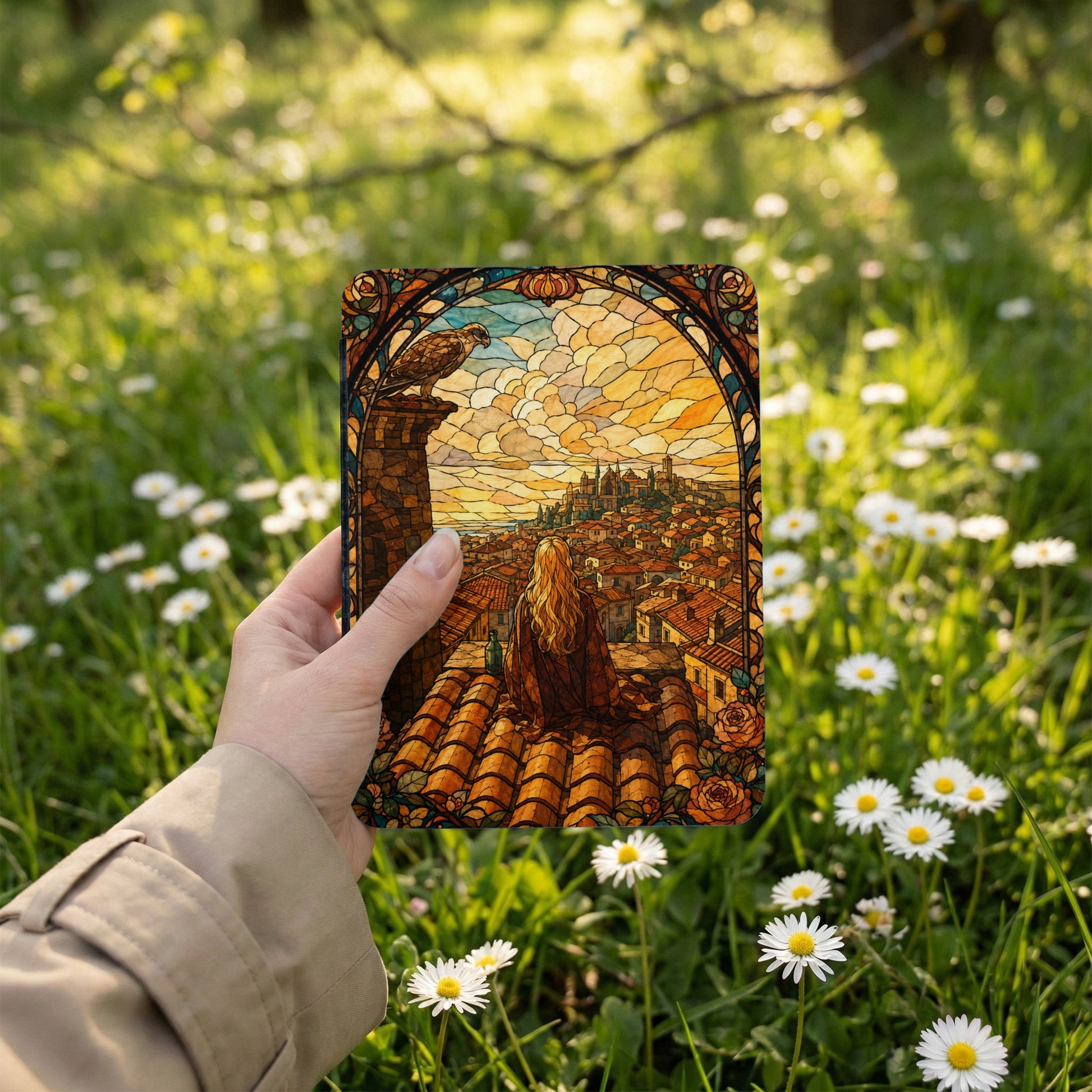 Stained glass artwork of a woman looking over a Tuscan town from a rooftop.