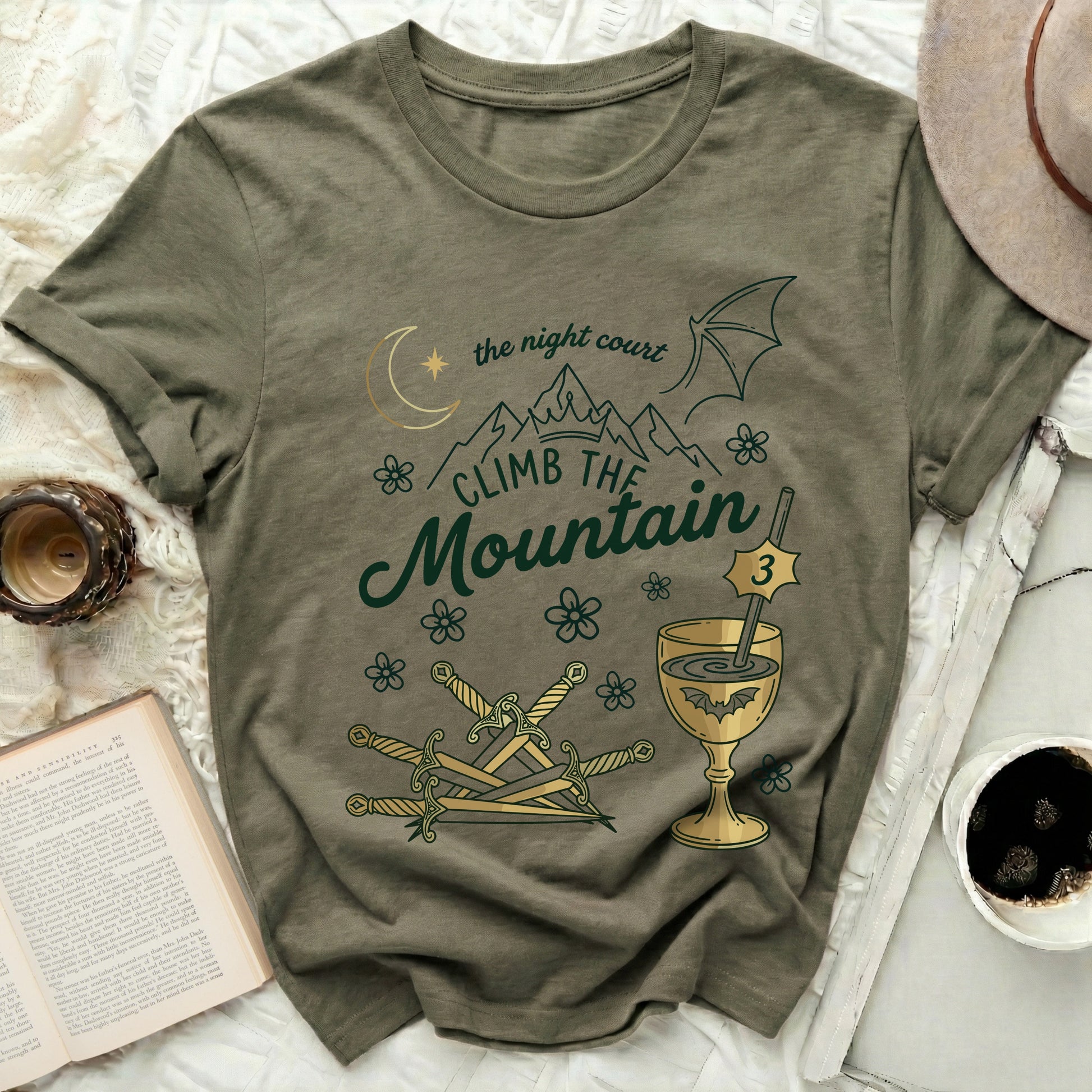 The Night Court Climb The Mountain Fantasy Design product type
Night Court, Climb The Mountain, ACOTAR Inspired, Fae Realm, Fantasy Design, Bookish Gift, Moon Star, Dragon Wing, Mountain Art, Sword Graphic, Goblet Design, Bat Symbol, Magic World, Pop Culture, Book Lover, Green Gold, Fandom Apparel, Maas Fan, Thrice Icon, Adventure Theme