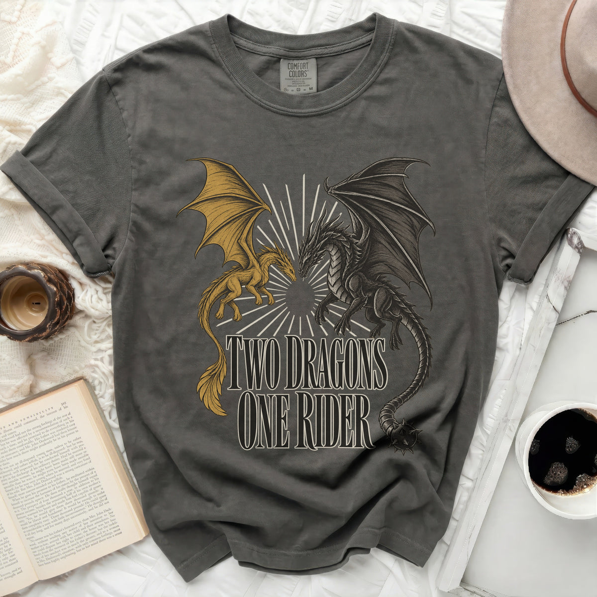 Grey t-shirt with graphic of two dragons and text "TWO DRAGONS ONE RIDER".