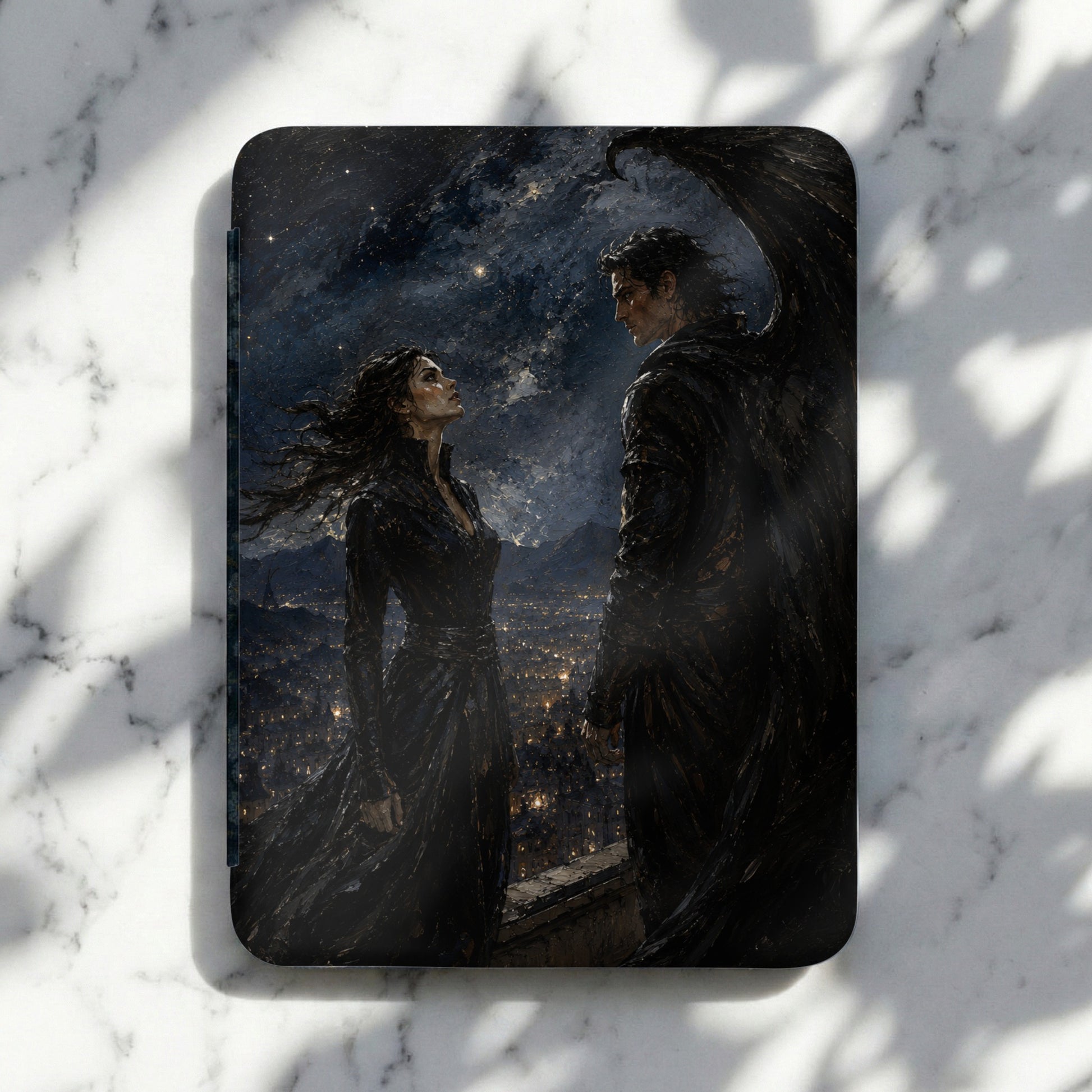 Painting of a dark-haired woman and a winged man against a starry night sky and city lights.
