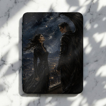 Painting of a dark-haired woman and a winged man against a starry night sky and city lights.