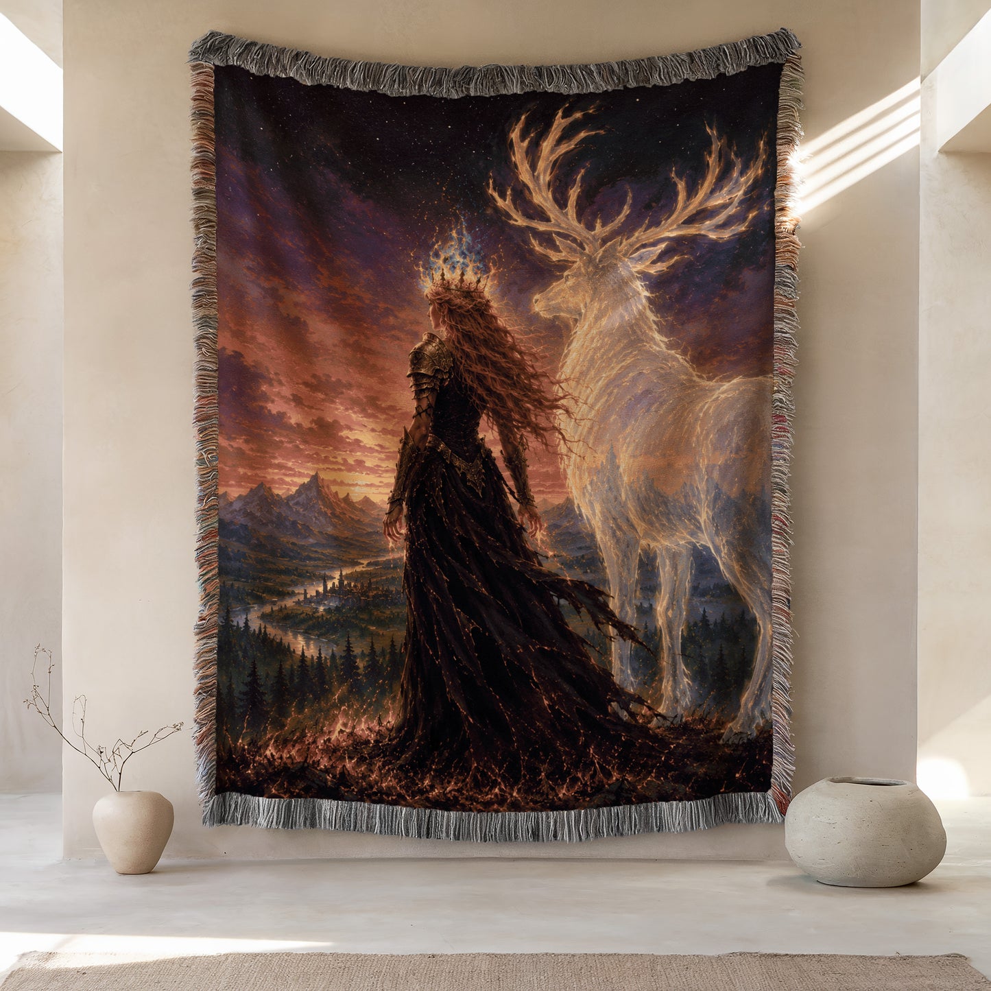 a large tapestry hanging on a wall, depicting a woman with long hair standing in front of a deer with antlers. The tapestry is set against a backdrop of a sunset and mountains, creating a serene and majestic scene.