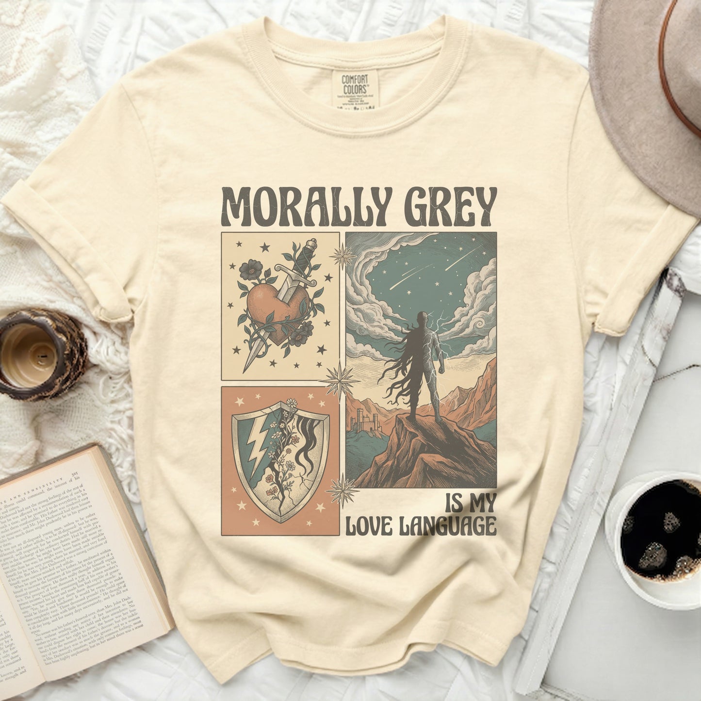Cream t-shirt with "Morally Grey Is My Love Language" graphic.
