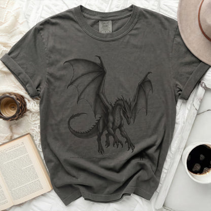 Dark grey t-shirt with a black dragon illustration and "THRESHING." text.