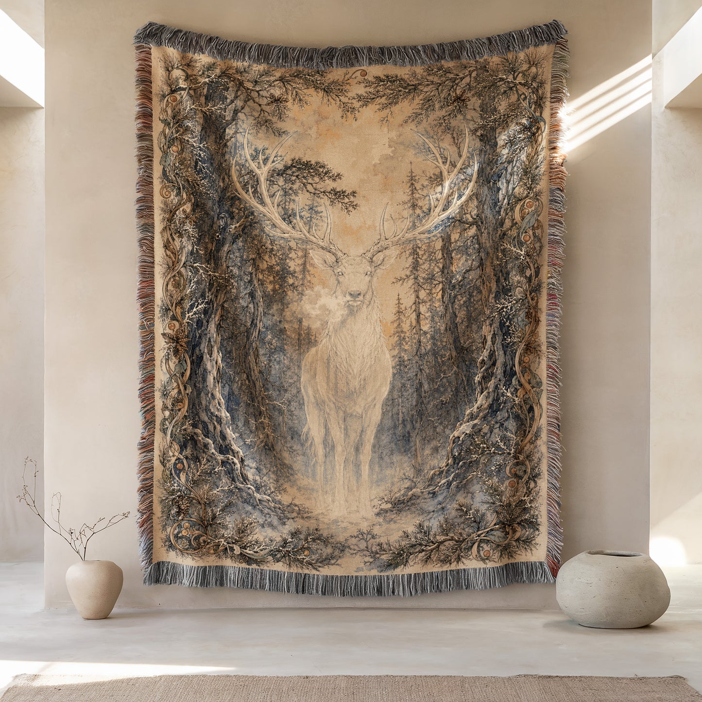 a large tapestry hanging on a wall, depicting a deer standing in a forest setting. The tapestry is surrounded by a border and has a fringe at the bottom. There are two small vases placed on either side of the tapestry, and the background appears to be a beige wall.