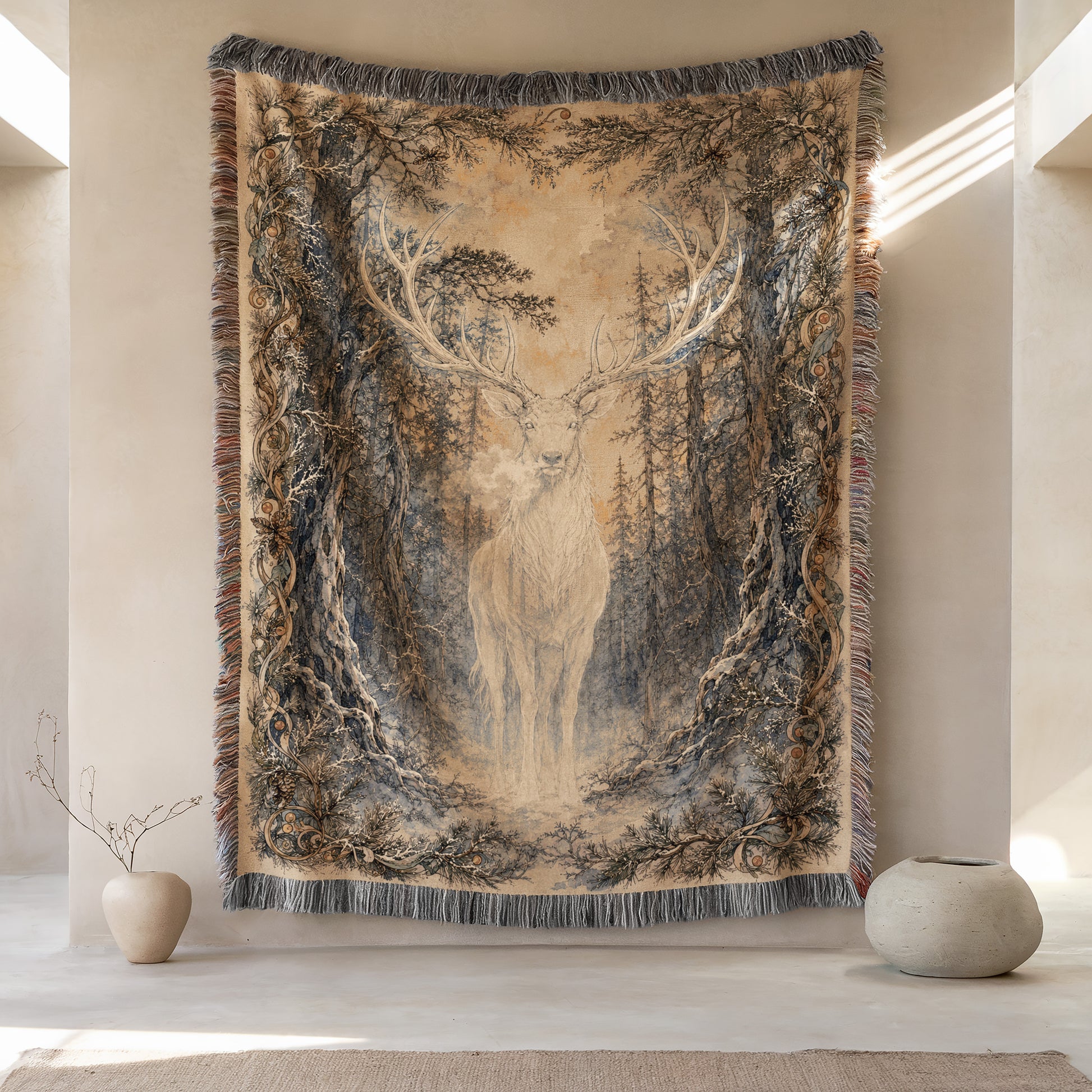 a large tapestry hanging on a wall, depicting a deer standing in a forest setting. The tapestry is surrounded by a border and has a fringe at the bottom. There are two small vases placed on either side of the tapestry, and the background appears to be a beige wall.