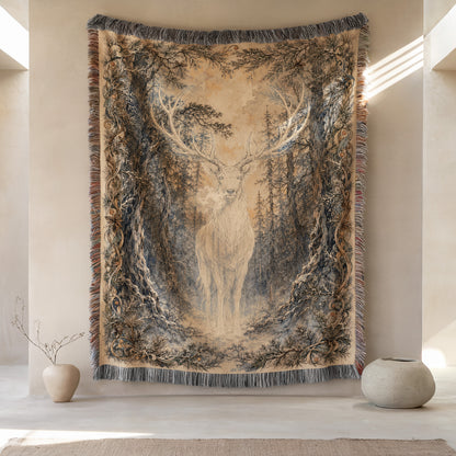 a large tapestry hanging on a wall, depicting a deer standing in a forest setting. The tapestry is surrounded by a border and has a fringe at the bottom. There are two small vases placed on either side of the tapestry, and the background appears to be a beige wall.