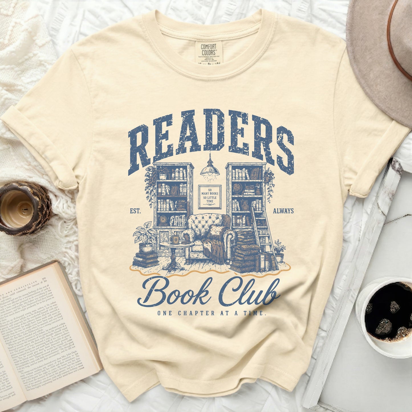 Cream t-shirt with "Readers Always" and "Book Club" design.