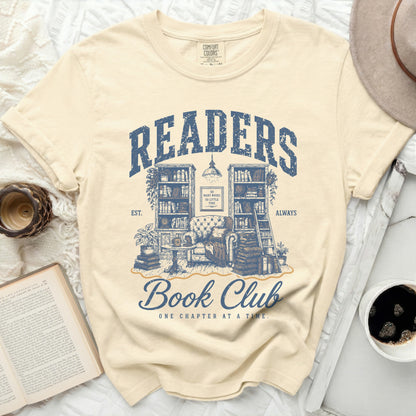 Cream t-shirt with "Readers Always" and "Book Club" design.
