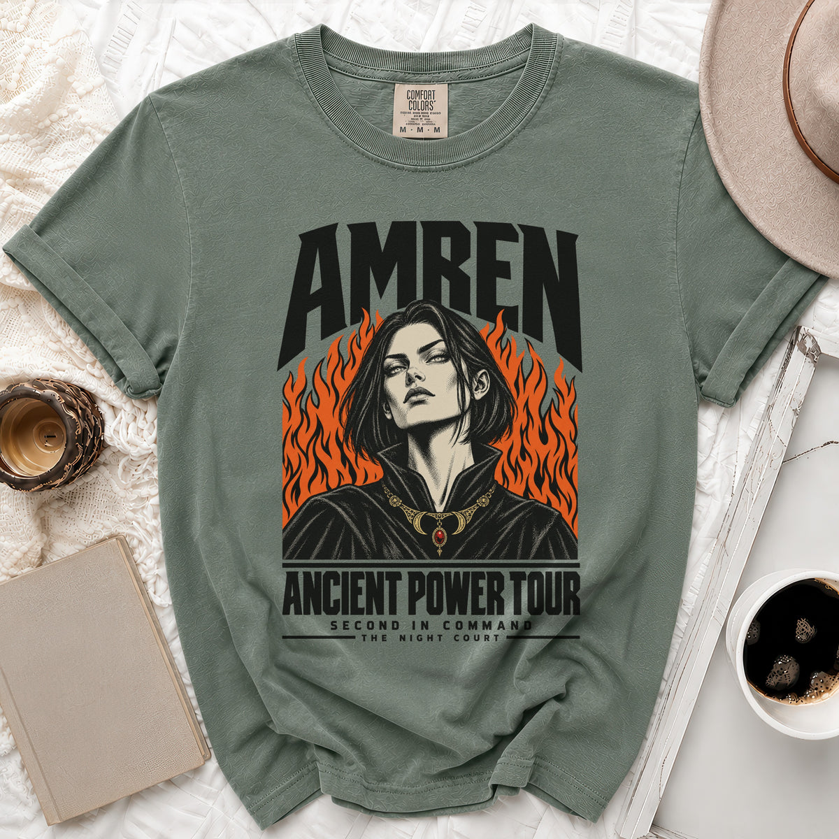T-shirt with "Amren Ancient Power Tour" graphic and woman with flames.