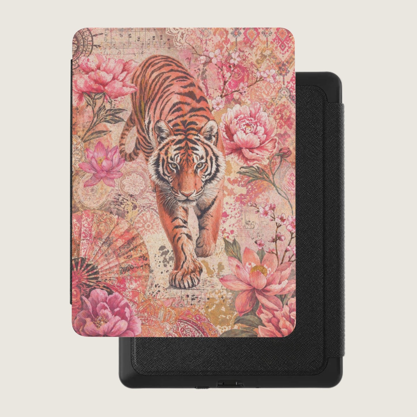 Floral and celestial patterned e-reader cover featuring a tiger walking forward.