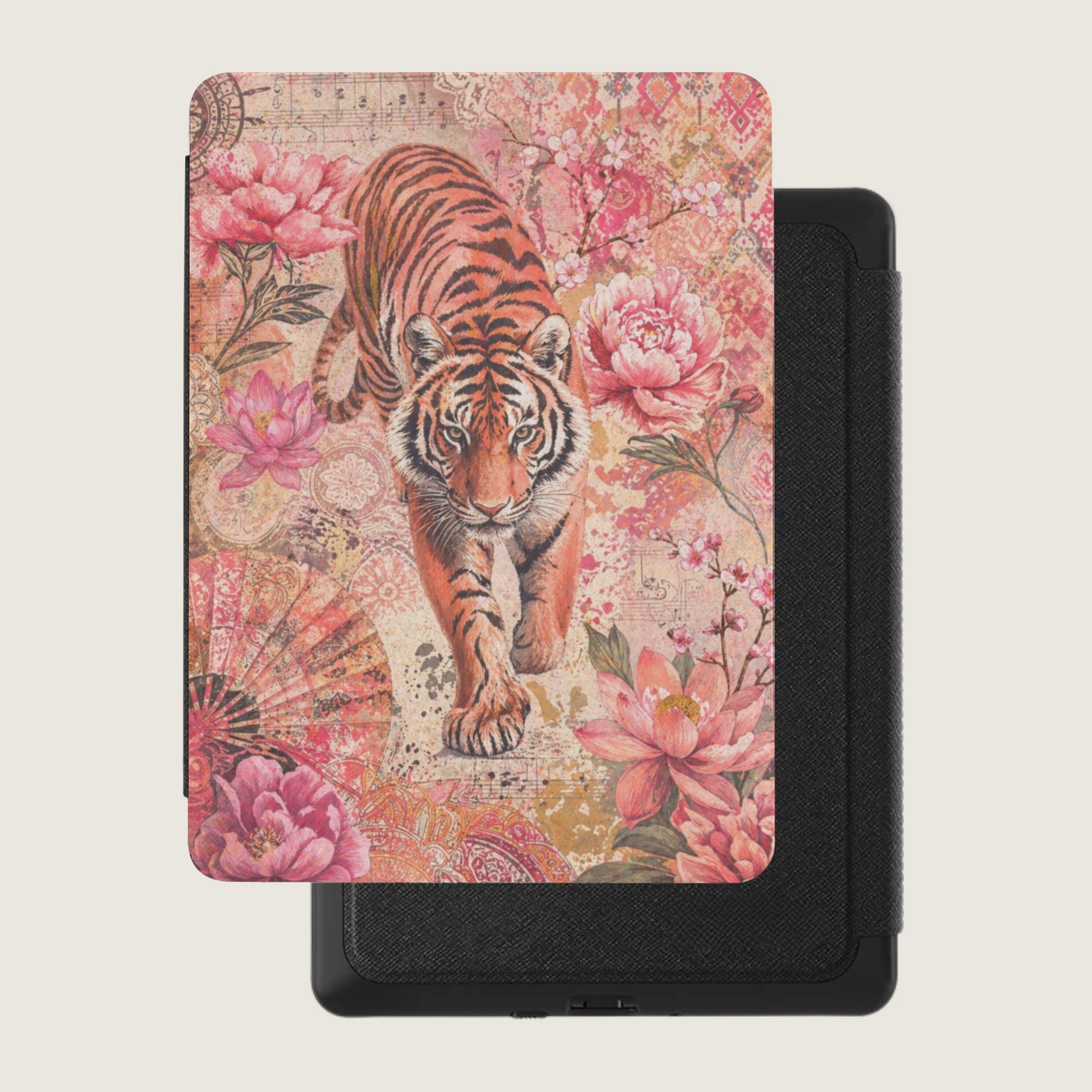 Floral and celestial patterned e-reader cover featuring a tiger walking forward.