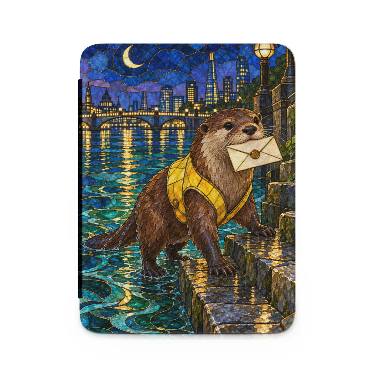 Otter in yellow vest carries envelope up stairs with London skyline at night