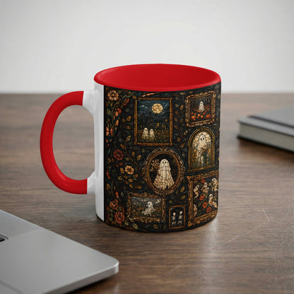 White mug with red handle, featuring a stained-glass pattern of ghosts, pumpkins, and flowers.