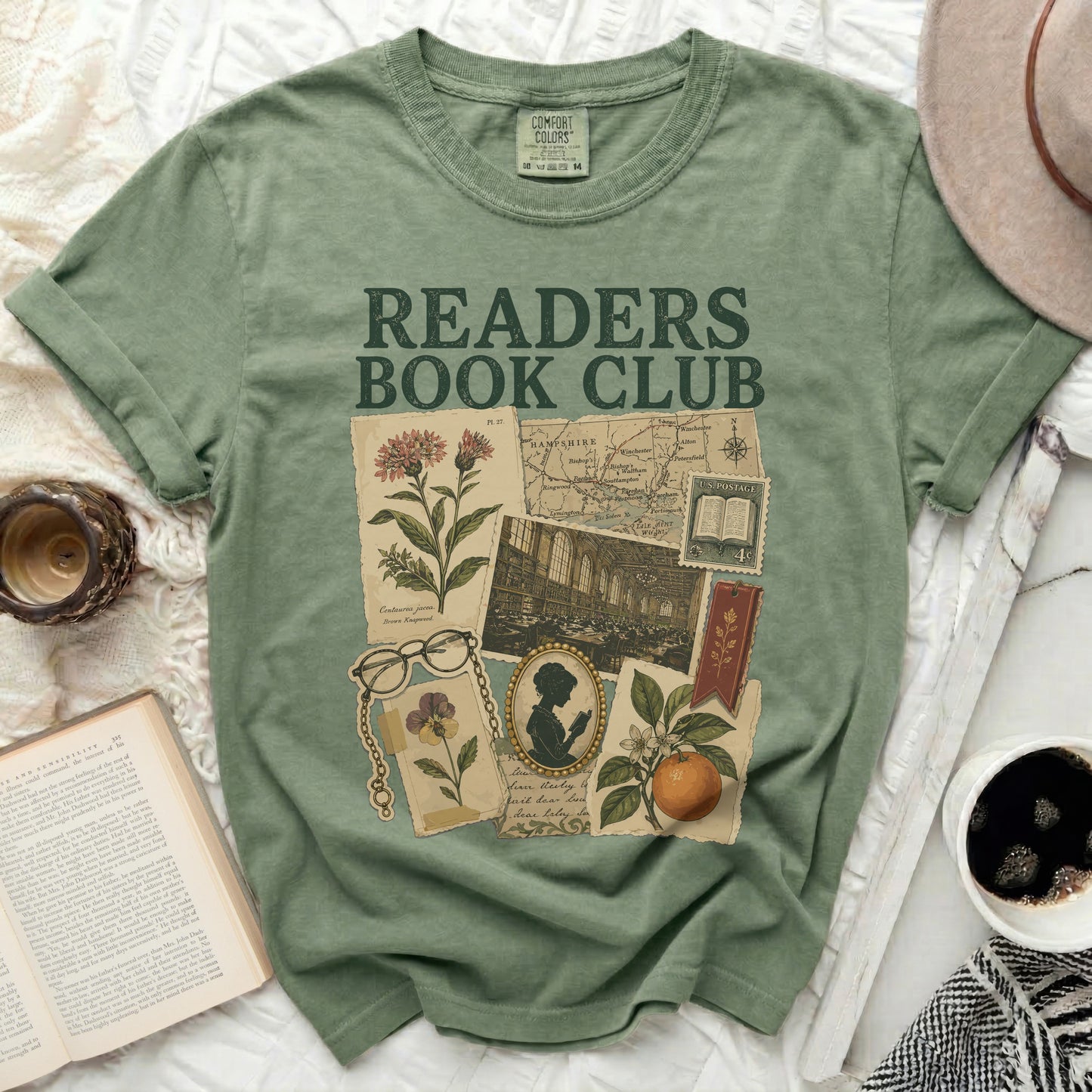 Green t-shirt with "Readers Book Club" and vintage illustrations.