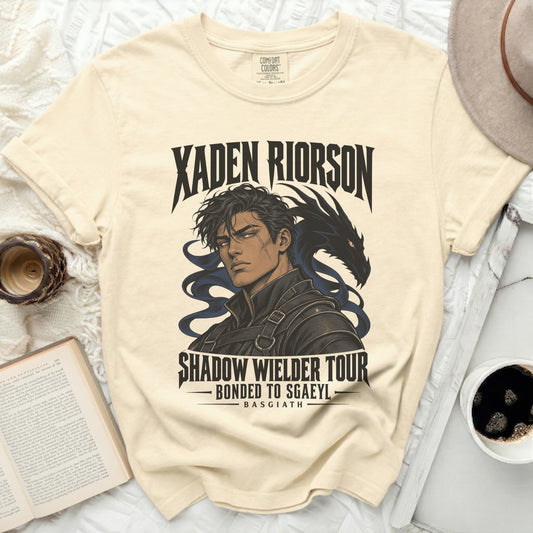 Cream t-shirt with Xaden Riorson and dragon graphic and text.