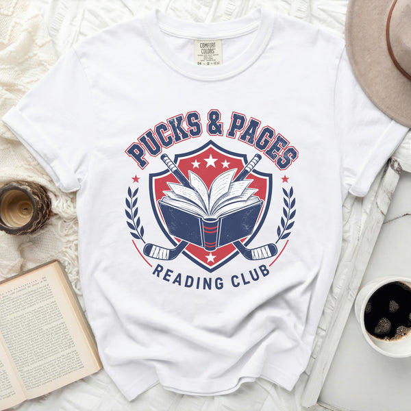 Pucks & Pages Reading Club Hockey Tee in White