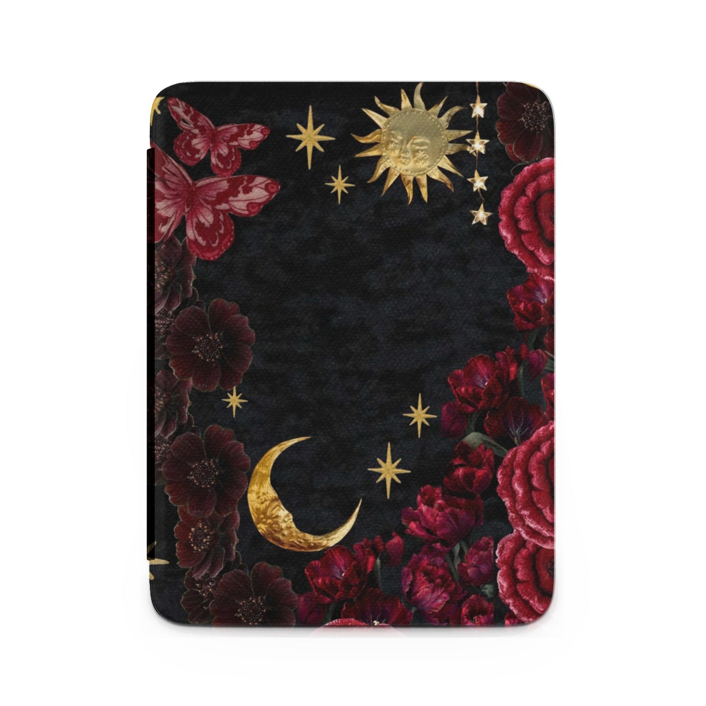 Dark floral case with gold sun, moon, stars, and red butterflies.