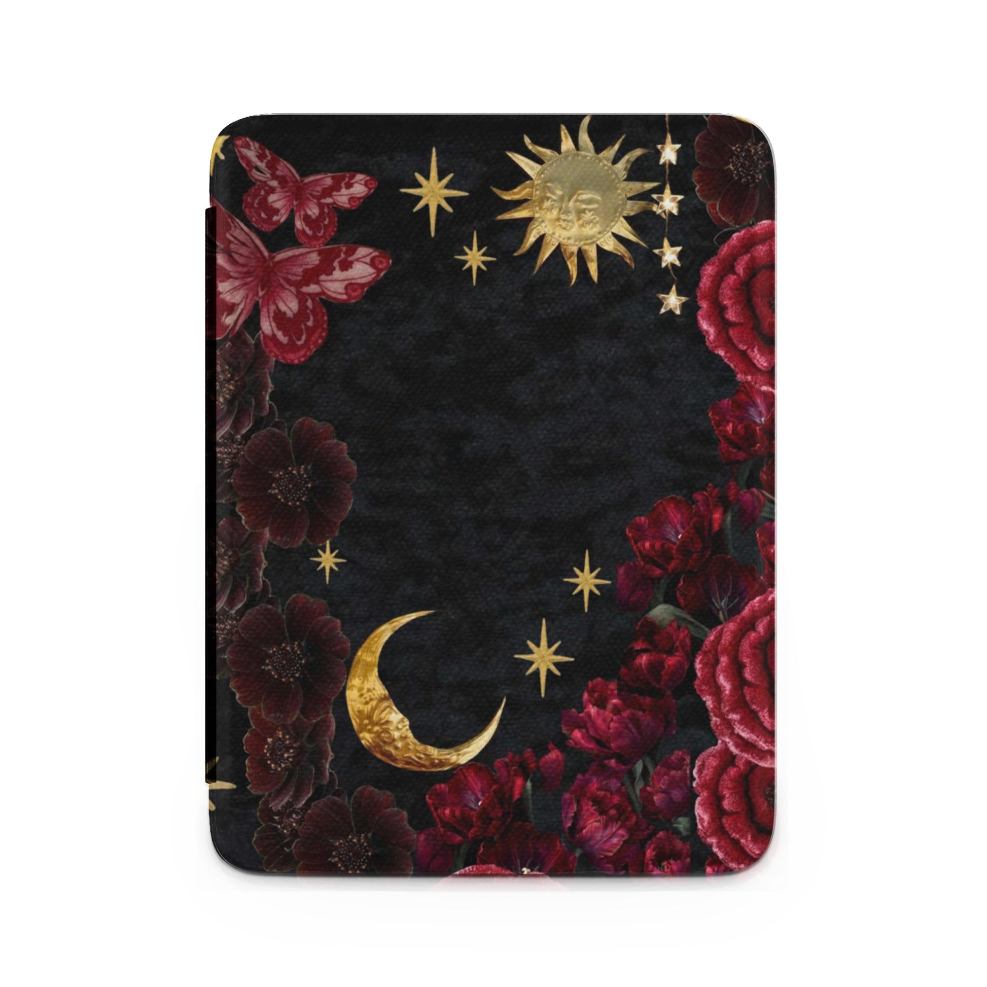 Dark floral case with gold sun, moon, stars, and red butterflies.