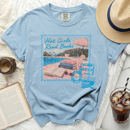 Light blue t-shirt with "Hot Girls Read Books" graphic and postage stamp design.