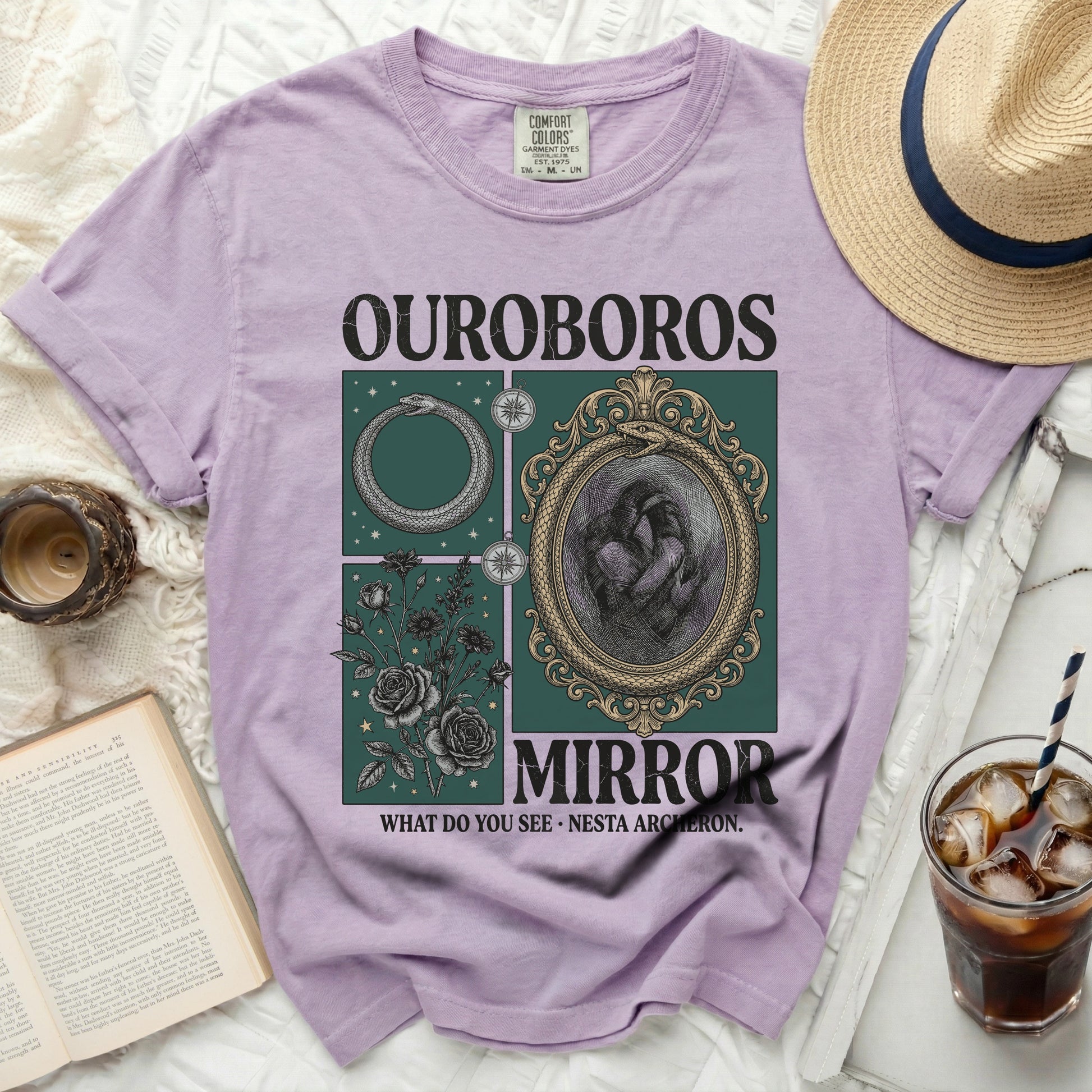 Lilac t-shirt with Ouroboros snake design and "Mirror What Do You See" text.