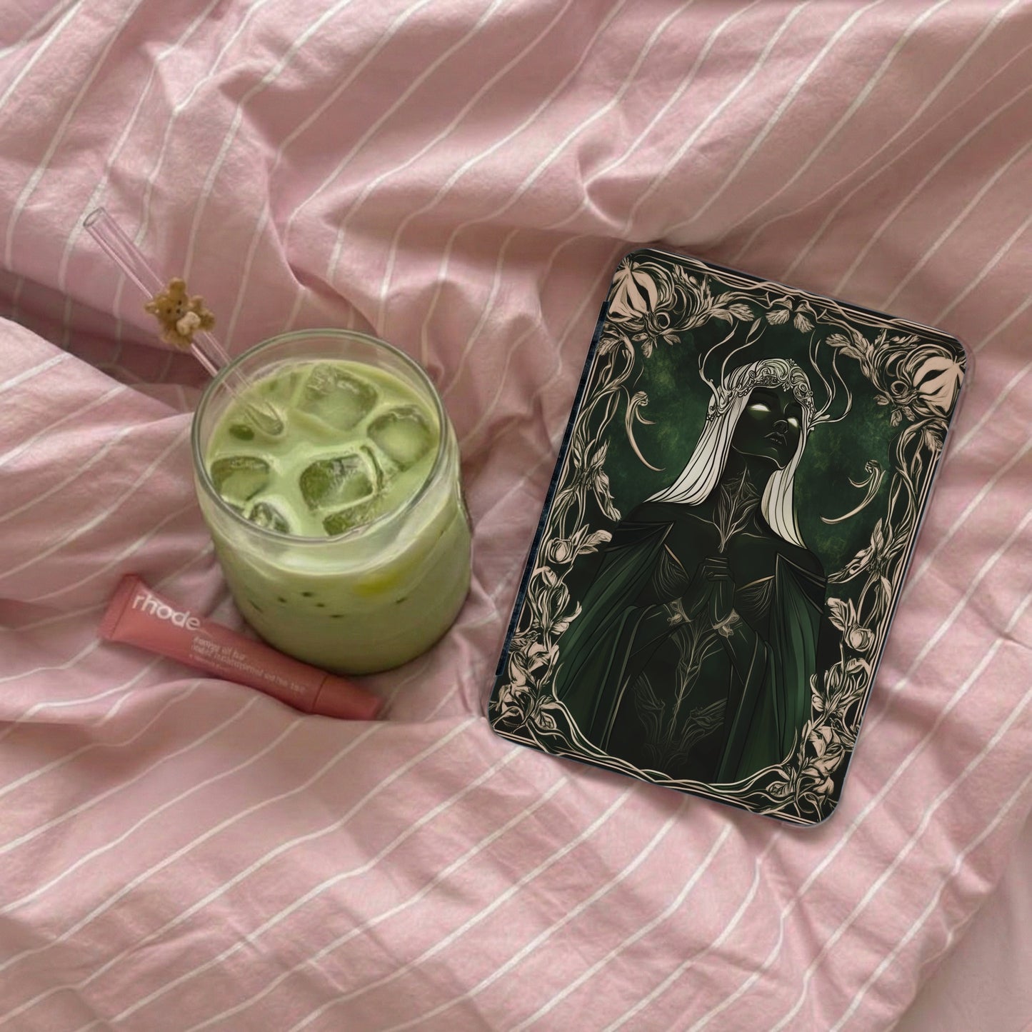 Dark Green Goddess White Hair Glowing Eyes Floral Matcha Pink product type