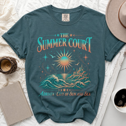 Teal t-shirt with "The Summer Court Adriata City of Sun and Sea" graphic.