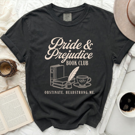 Pride & Prejudice Book Club graphic tee with books, feather, and teacup.