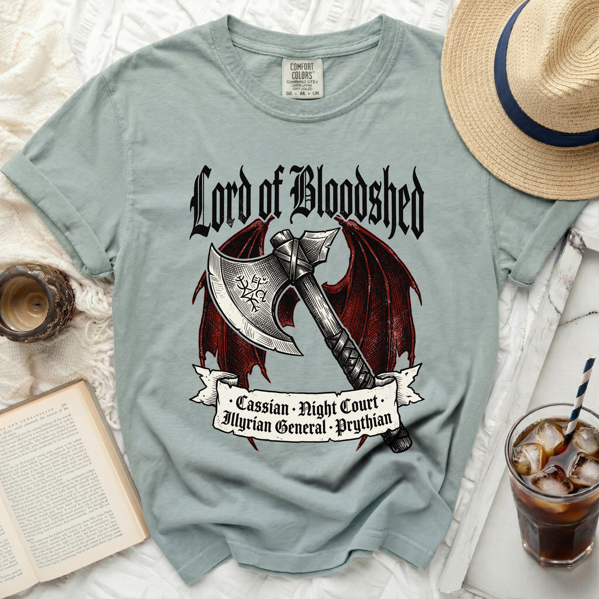 Lord of Bloodshed graphic with axe, wings, and text.