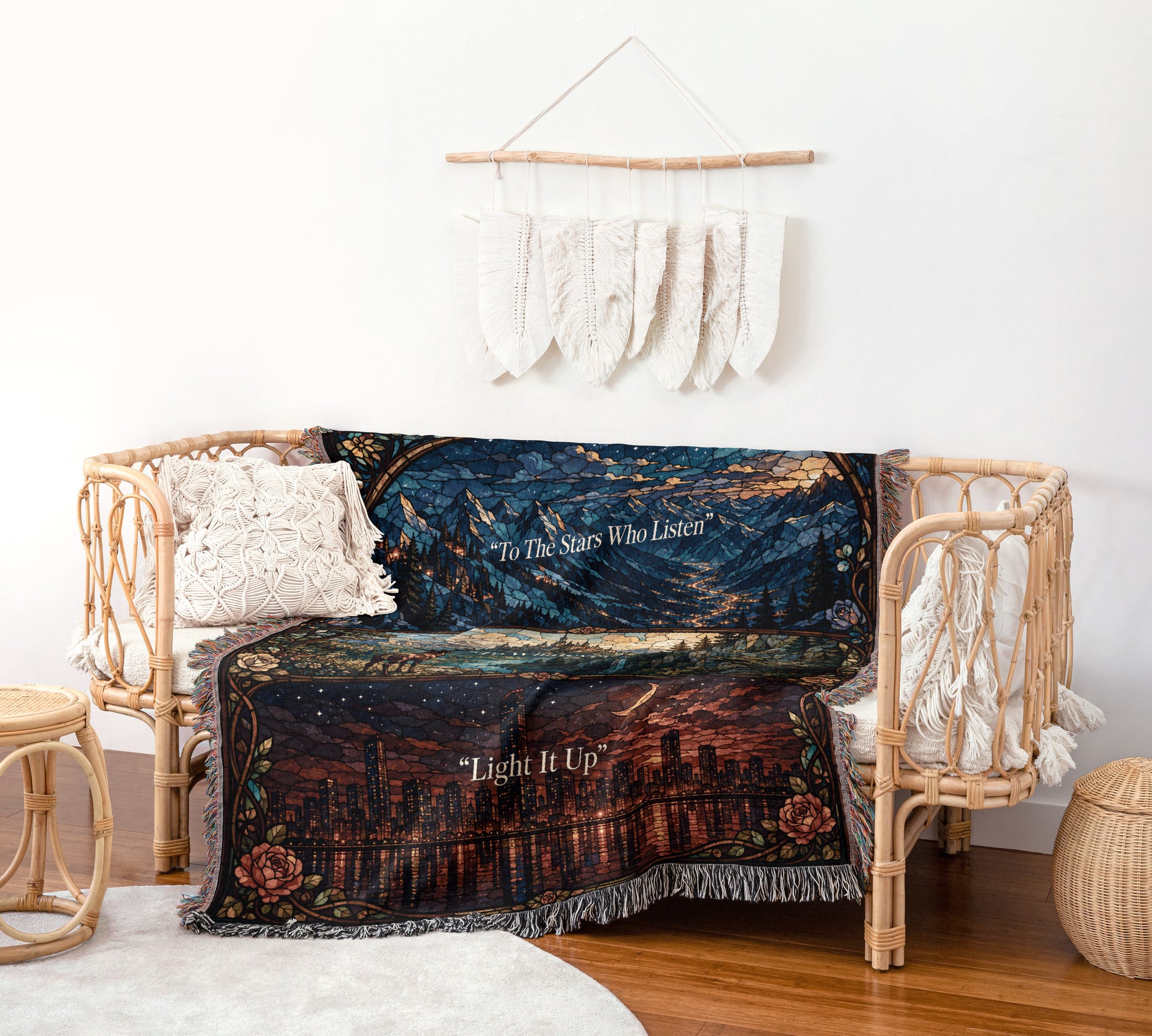 a cozy living space with a wicker bench, a colorful throw blanket, and a hanging feather decoration on the wall.