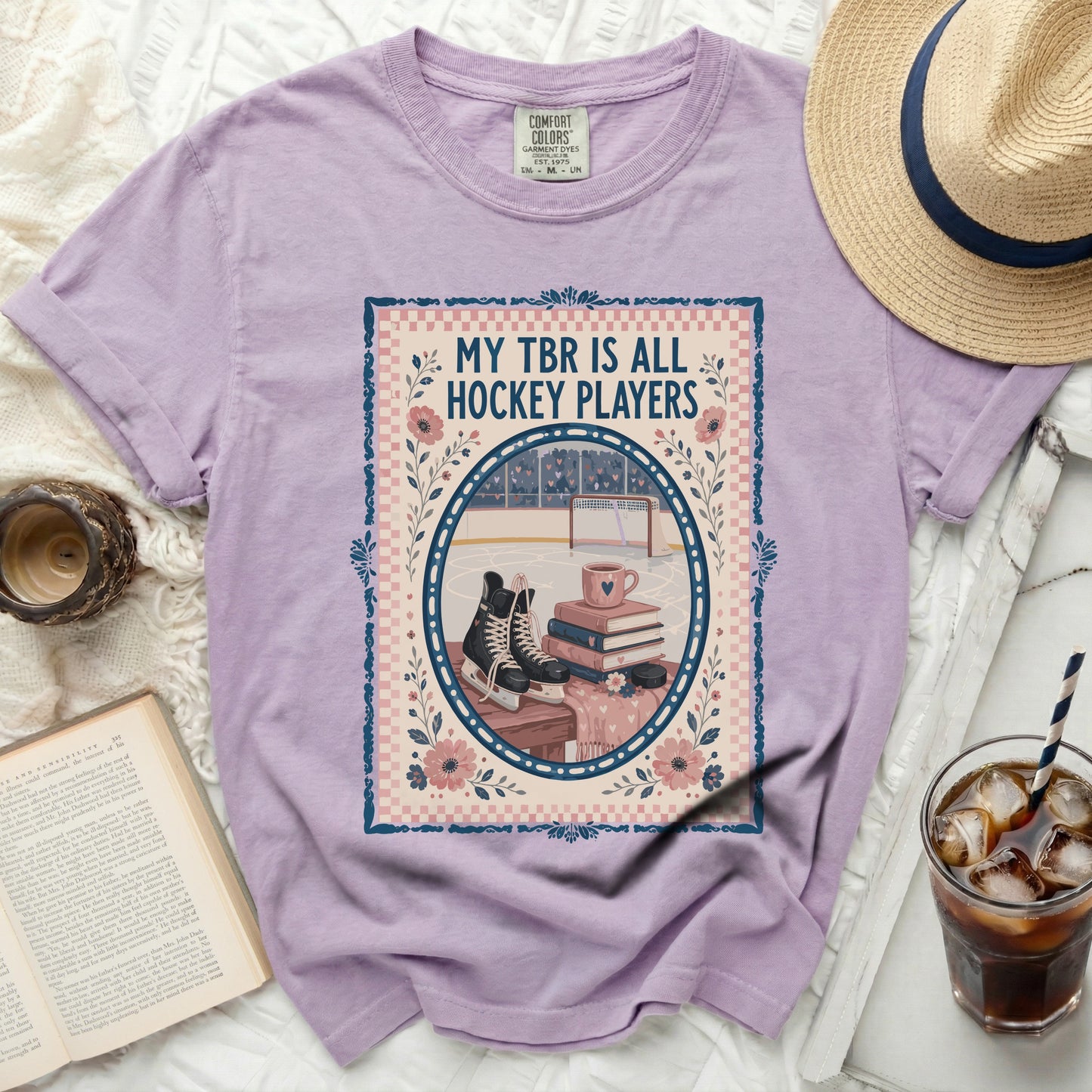 T-shirt with "My TBR is All Hockey Players" text and ice hockey illustration.