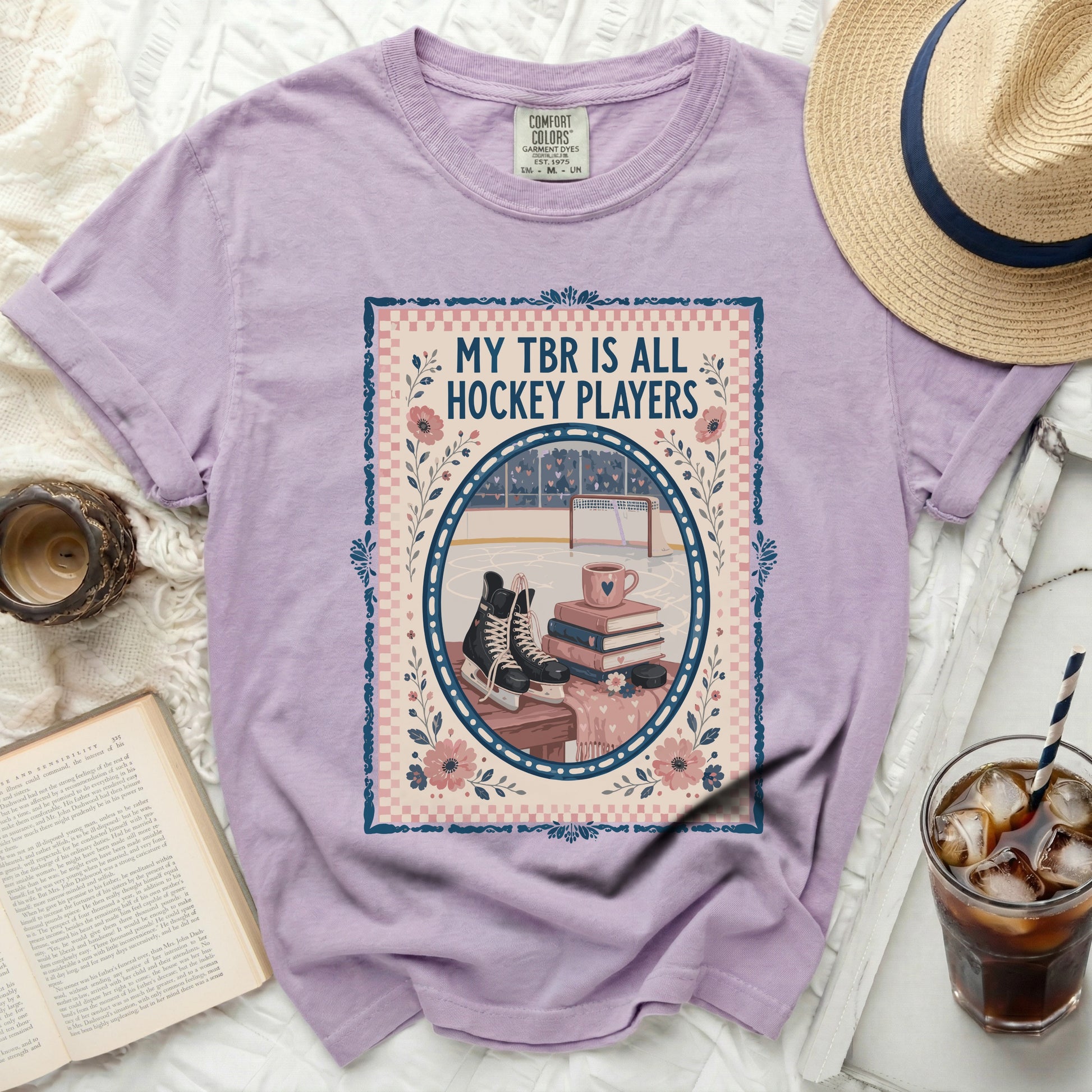 T-shirt with "My TBR is All Hockey Players" text and ice hockey illustration.