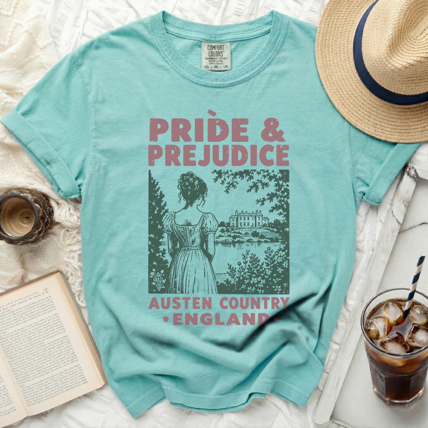 Turquoise t-shirt with Pride & Prejudice Austen Country England graphic.