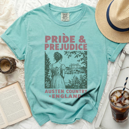 Turquoise t-shirt with Pride & Prejudice Austen Country England graphic.